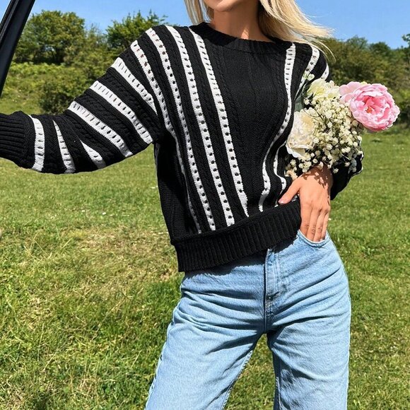 Black And White Casual Women's Striped Round Neck Hollow Out Sweater - Picture 3 of 5